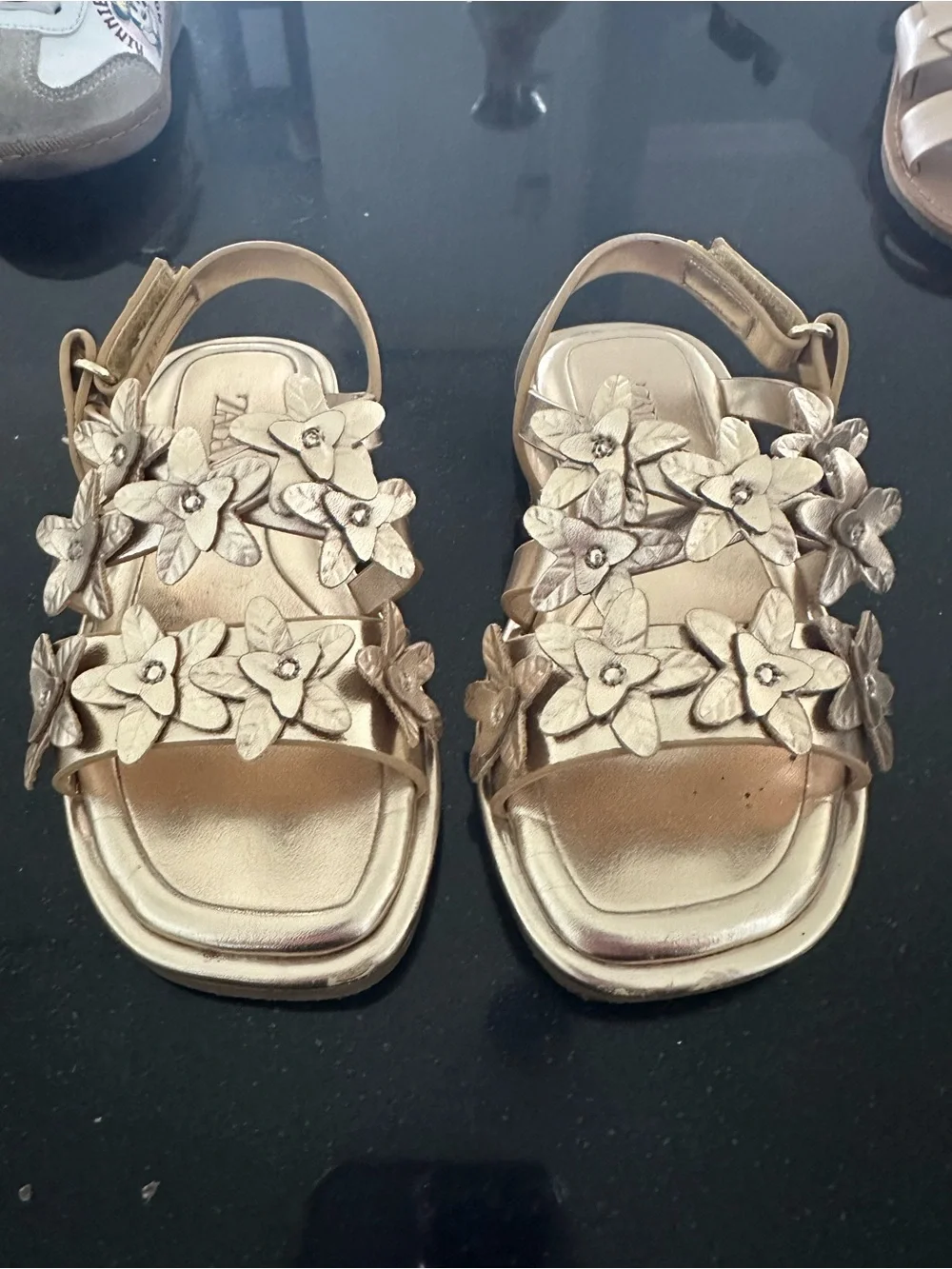 ZARA Metallic Gold Floral Strappy Sandals - Women